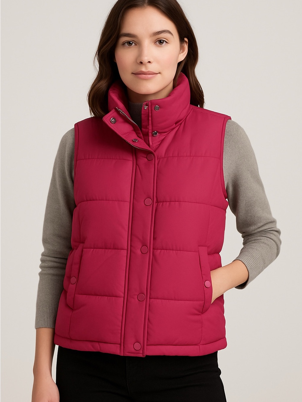 GAP vintage quilted puffer vest full front zip & snap closure pockets hot pink L